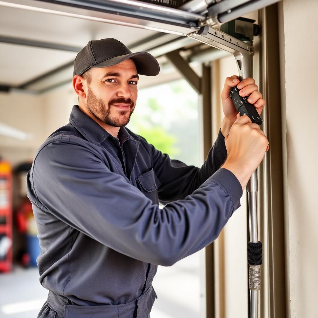 Professional garage door technician adjusting track alignment in Mantua OH